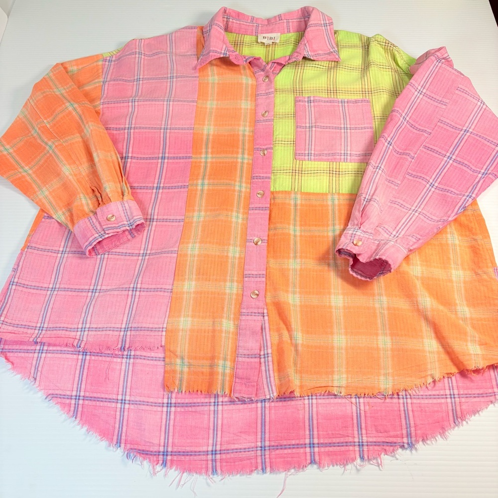 BiBi Patchwork Plaid Button Down Long Sleeve Raw … - image 11
